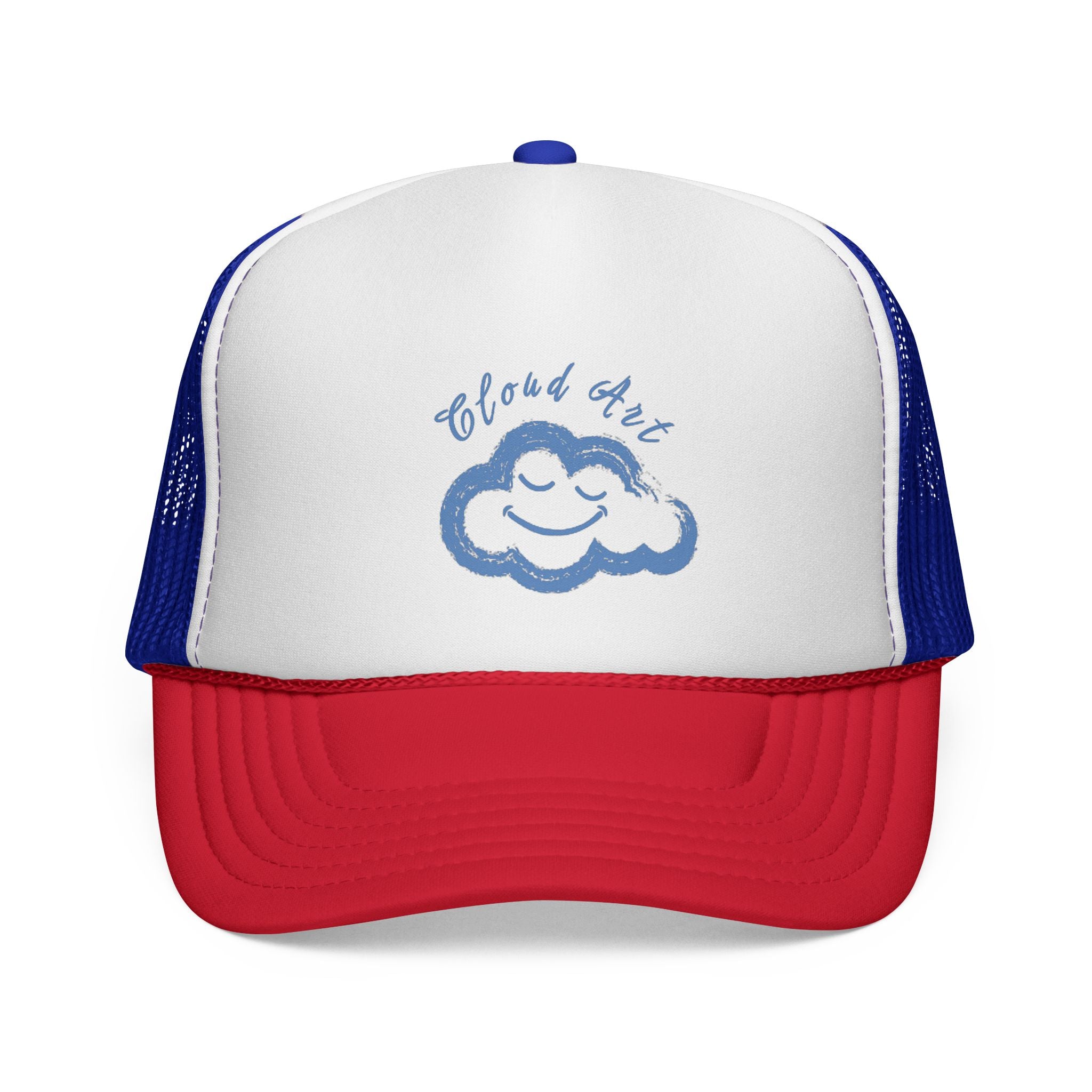 Cloud Rest Trucker Cap — Retro Smiling Cloud Embroidered Mesh Hat