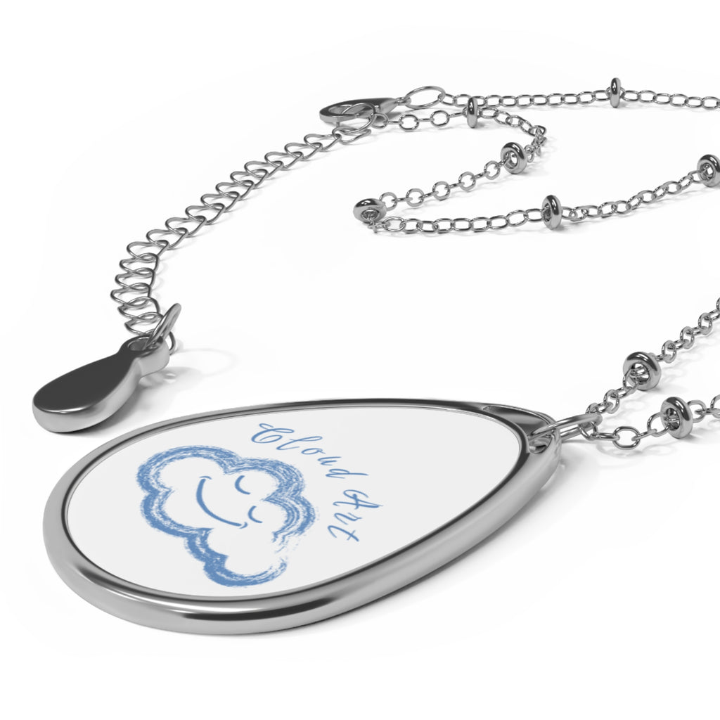 Oval Cloud Charm Necklace — Cute Blue 'Cloud Art' Pendant, Silver Teardrop Necklace