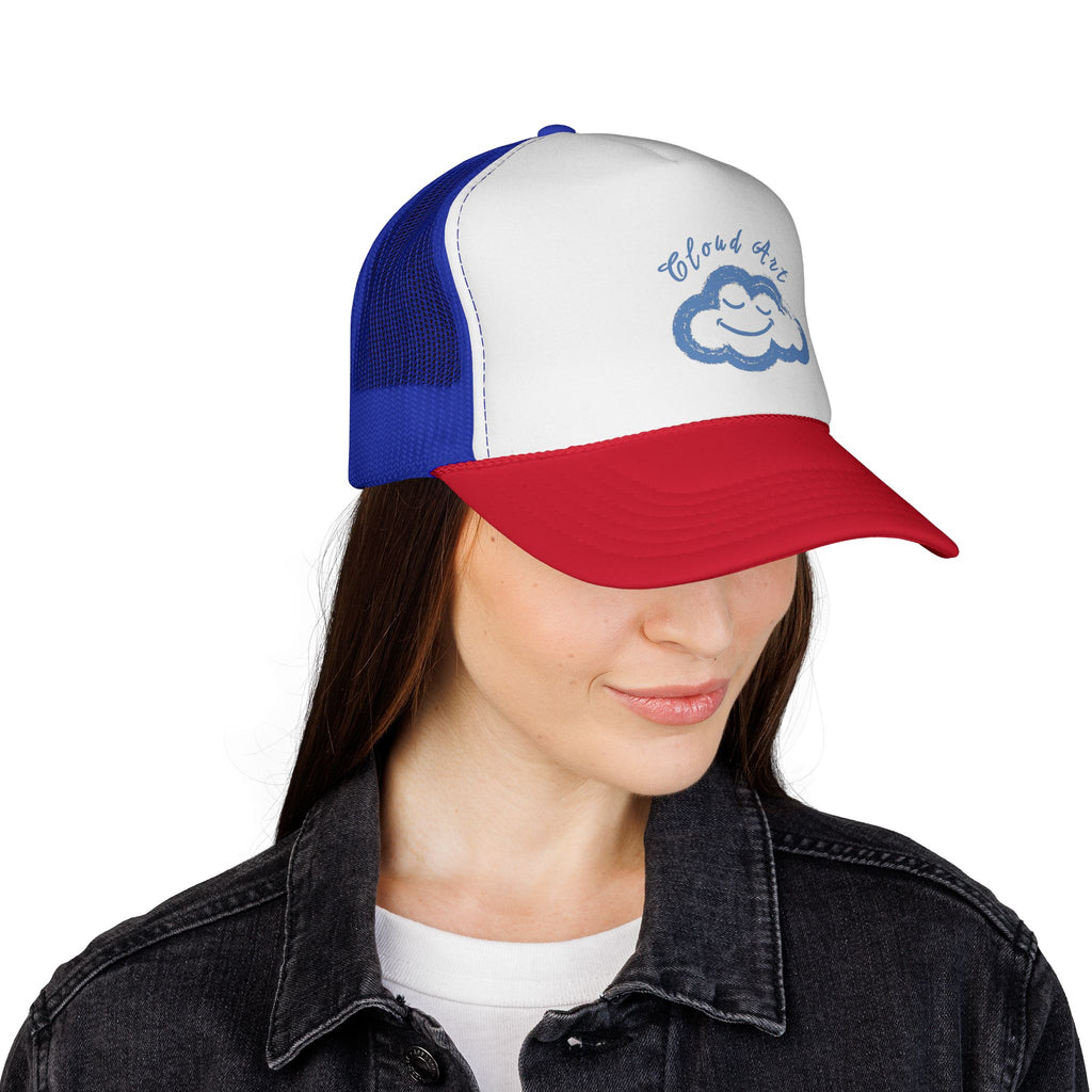 Cloud Rest Trucker Cap — Retro Smiling Cloud Embroidered Mesh Hat