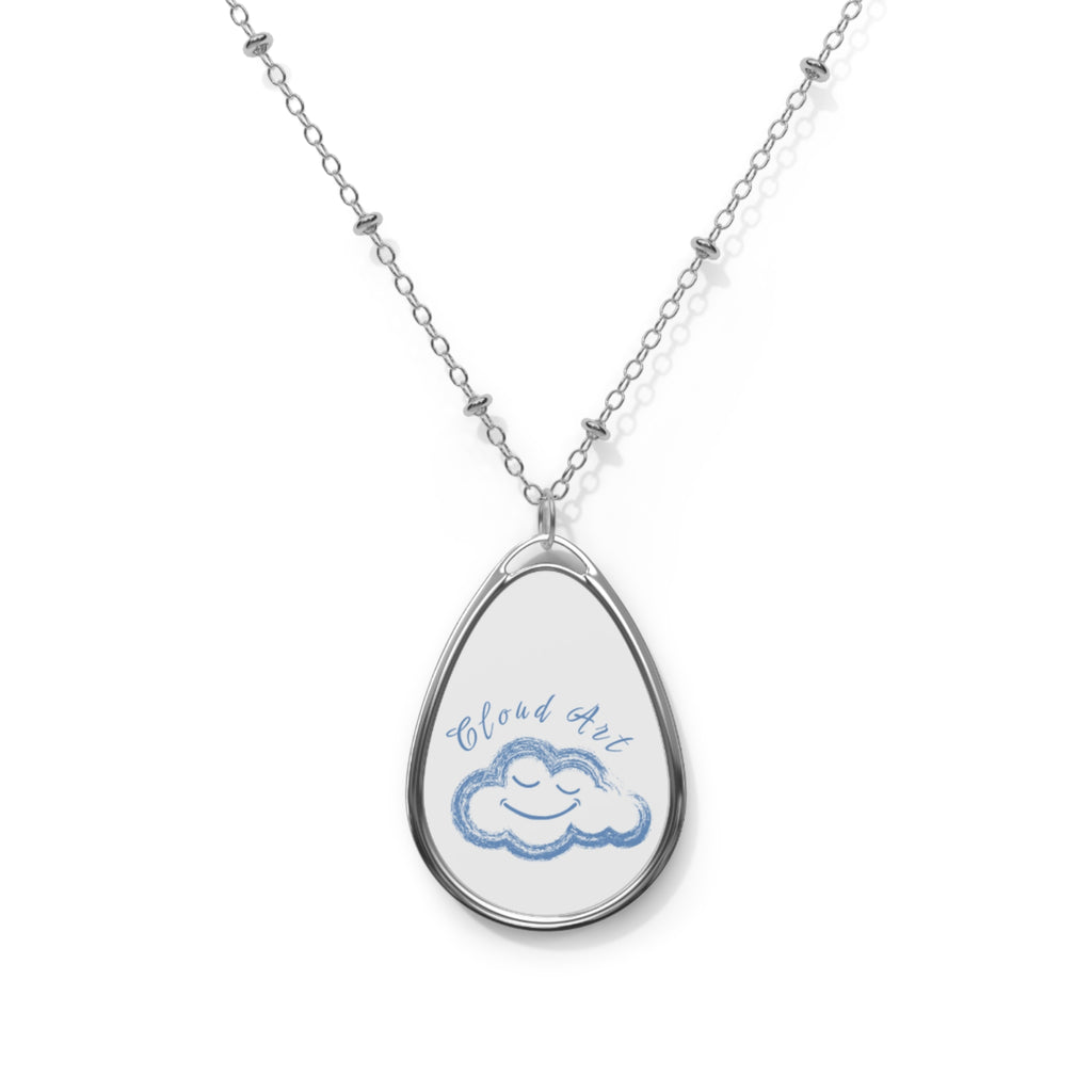 Oval Cloud Charm Necklace — Cute Blue 'Cloud Art' Pendant, Silver Teardrop Necklace