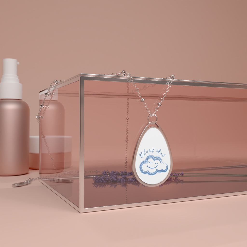 Oval Cloud Charm Necklace — Cute Blue 'Cloud Art' Pendant, Silver Teardrop Necklace